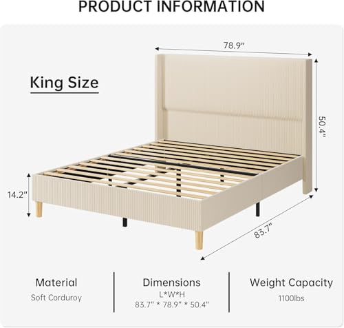 Upholstered King Size Bed Frame with Headboard, Beige, view 3