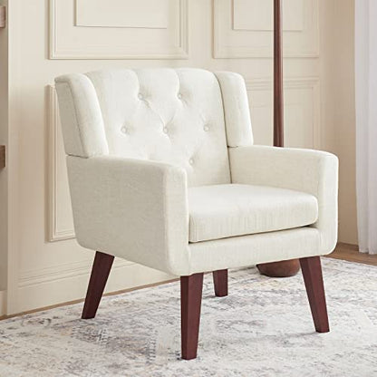 Accent Chair Button-Tufted Upholstered Living Room Chairs Comfy Reading Mid Century Modern with Linen Fabric Lounge Arm for Bedroom (Beige) 29.33D x 28.94W x 34.65H Inch