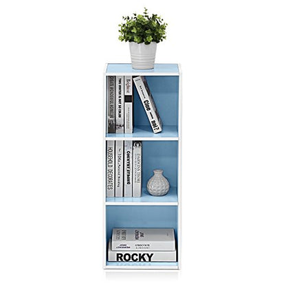 LUDER Book Shelf, 3-Cube Bookshelf, Bookcase with Open Shelves, 9.3 x 12 x 31.5, Easy Assembly, for Living Room, Bedroom, Home Office, White/Light Blue