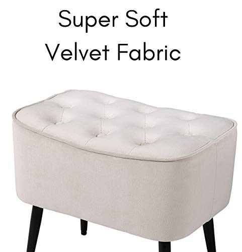Tufted Curve Ottoman Velvet Foot Stool - Modern Upholstered Padded Footrest for Living Room or Bedroom - Small Cushioned Accent Chair for Couch, Sofa, or Extra Seating (Tan)
