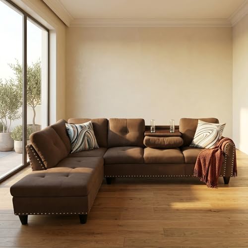 L-Shaped Sectional Sofa, Modern 4-Seat Couch with Built-in Cup Holders, Upholstered Fabric Sectional Couch with Left Facing Chaise for Living Room, Apartment, Office, Brown