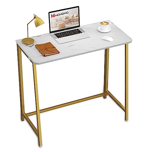 White Faux Marble Folding Desk, 31.5" Small Desk for Small Spaces with Gold Legs, Easy Assemble Foldable Computer Desk, Mini Portable Working Table for Home Office, White and Gold