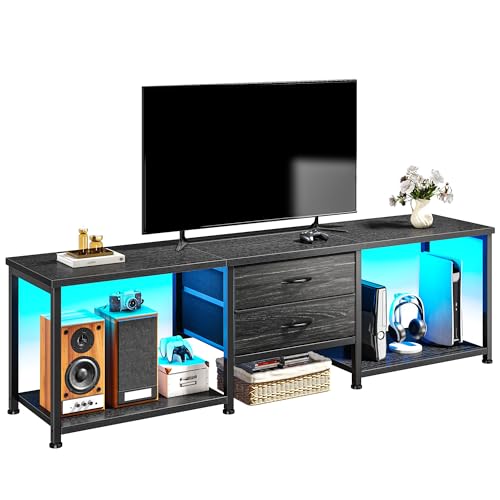 TV Stand for 75 Inch TV with Light & Storage Shelves for Living Room, Black, view 2