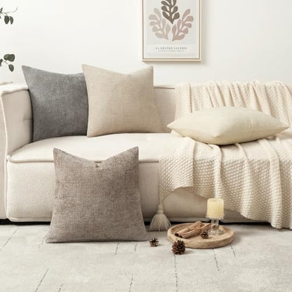 Pack of 4 Couch Throw Pillow Covers 18x18 Inch Neutral Beige/Brown Soft Decorative Chenille Pillow Covers Farmhouse Accent Cushion Covers for Boho Spring Home Decor Sofa Bedroom Living Room