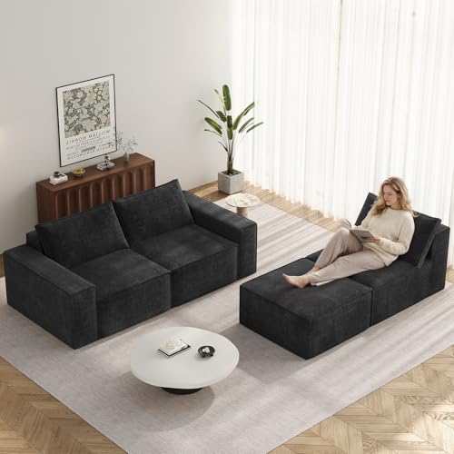 114" Modular Sectional Boneless Couch, Modern 3 Seater Sofa with Ottoman & Deep Seat, Convertible Chenille L Shaped Cloud Couches for Living Room, No Assembly Required, Black