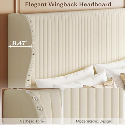 Queen Size Bed Frame with 55" Headboard Nailhead Trim Design, White, view 4