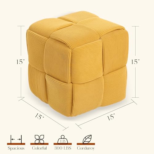 15" Square Woven Corduroy Ottoman Footrest - Modern Vanity Stool for Living Room & Entryway, Eco-Friendly Wood Frame, No Assembly (Yellow)