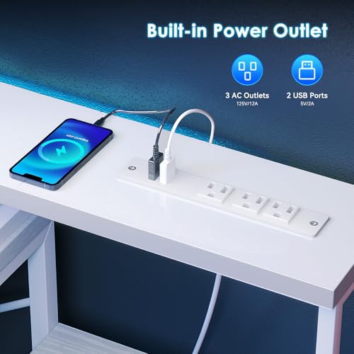 55 Inch Computer Desk with 4 Drawers, Office Desk with Power Outlets, Printer Shelf & Storage Shelves, Large Writing Study Table for Home, Bedroom, Study or Gaming Setup, White
