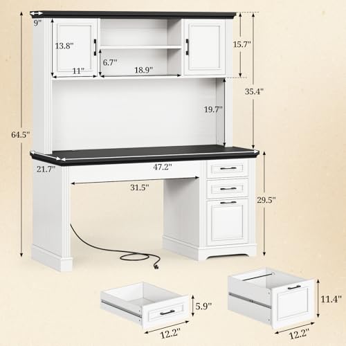 Farmhouse Computer Desk with Hutch and 3 Drawers, 47.2" Executive Office Desk with Storage Drawers, Wood Desk with Power Outlet for Home Office, White