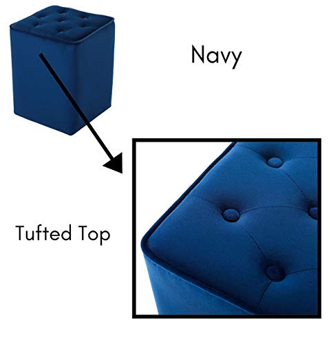 Tufted Navy Velvet Ottoman Foot Stool - Square - Soft Compact Padded Stool - Great for The Living Room, Bedroom and Kids Room - Upholstered Small Furniture