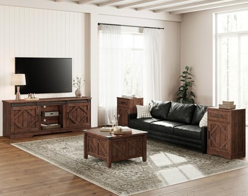 25.6"H Farmhouse TV Stand for 75" TV with Barn Doors& Hidden Storage | 66.1" W Rustic Country-Style TV Cabinet with Smooth Barn Door Slides,Holds 135+ CDs,Height-Adjustable Media Shelf