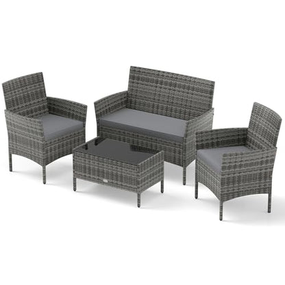 4-Piece Patio Furniture Set - Rattan Outdoor Conversation Bistro Set w/Cushions, Glass Coffee Table, Wicker Chairs & Loveseat for Garden Backyard Porch, Balcony Furniture Set (1, Mix Grey)