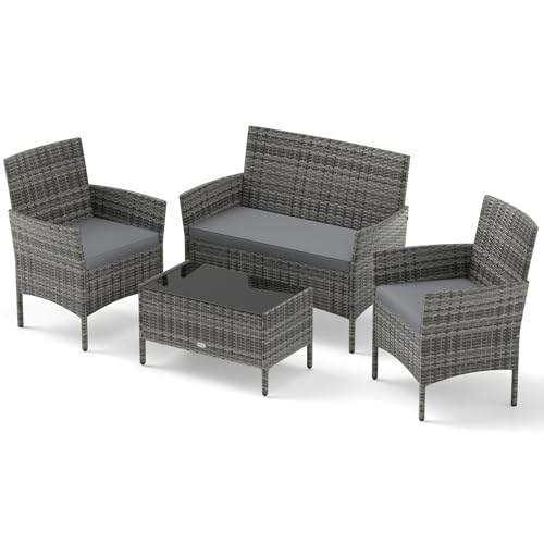 4-Piece Patio Furniture Set - Rattan Outdoor Conversation Bistro Set w/Cushions, Glass Coffee Table, Wicker Chairs & Loveseat for Garden Backyard Porch, Balcony Furniture Set (1, Mix Grey)