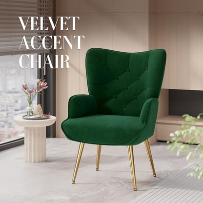 Mid Century Modern Velvet Accent Chair, Tufted Button High Back Chair, Upholstered Wingback Armchair with Metal Legs, High Back Side Chair for Living Room Bedroom, Green