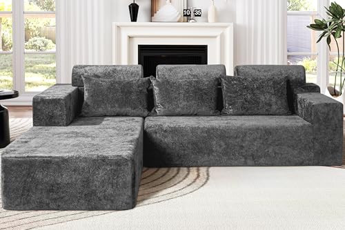 Modular Sectional Couches for Living Room,105" Cloud Couch with L-Shape Chaise,Comfy Sofa Living Room Couch with Deep Seat,No Assembly L Couch,Luxury Distressed Velvet(Grey,L)