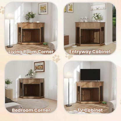 Corner Dog Crate Furniture with Fluted Drawer,Dog Kennel End Table (Walnut), view 7