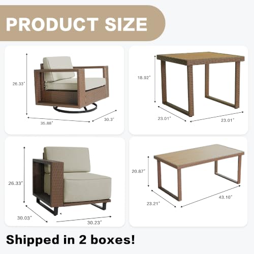 6 Pieces Outdoor Patio Furniture Set, Rocker Chairs and Sofa with 10 inch Thick Cushions and Steel Frame and Wooden Board, PE Rattan Weaving Outdoor Conversation Set Brown/Light Gray Linen