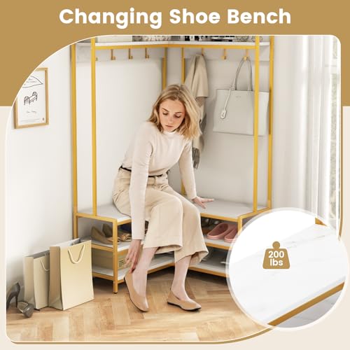 Corner Coat Rack with Shoe Bench, L-Shaped Garment Rack with 5 Shelves & 7 Hooks, Heavy Duty Freestanding Clothes Racks Entryway Bench with Shoes Organizer for Hallway (White & Gold)