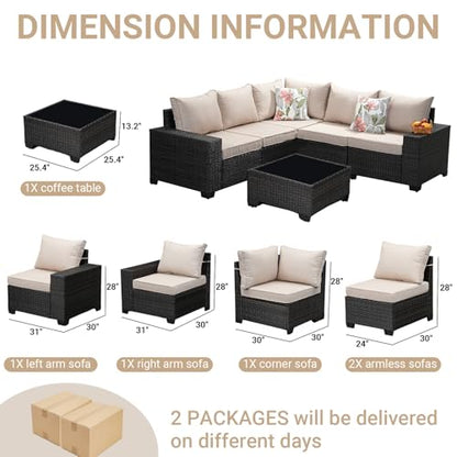 6-Piece Patio Furniture Set, All-Weather Outdoor Wicker Sectional Sofa with Cushions, Glass Table & Left and Right Armrest, Rattan Conversation Seating for Porch, Garden, Backyard,Beige