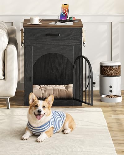 Dog Crate Furniture, Wooden Dog Kennel with Charging Station and Storage Drawer, view 4