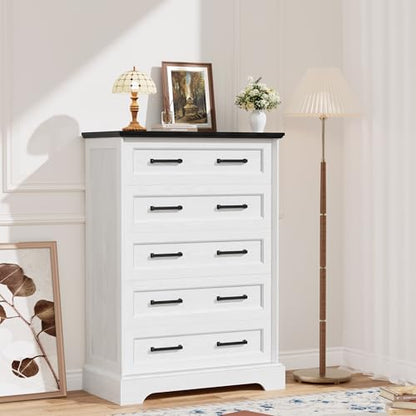 Tall Dresser for Bedroom, Farmhouse 5 Drawers Dresser, White&Black, view 7