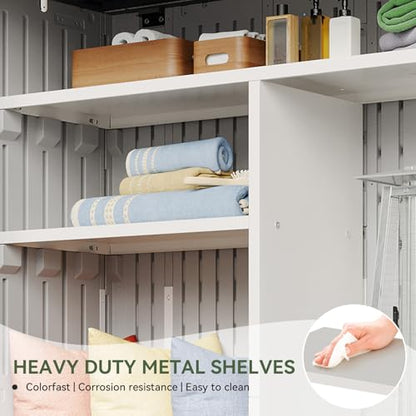 Outdoor Resin Storage Shed with Metal Shelving Kit & Floor, 64 Cu.Ft Vertical Waterproof Storage Cabinet for Garage, Pool, Bike, Garden Tools, Patio Furniture (White)