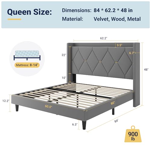 Queen Bed Frame with Storage Headboard & Charging Station, view 3