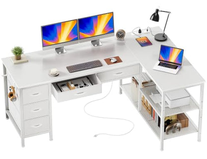 55 Inch L Shaped Desk with Power Outlets, 5 Fabric Drawers, view 2