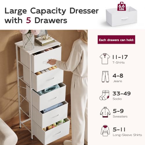 Tall Dresser for Bedroom, 5 Drawer Dresser, White, 5 vertical fabric drawers, view 7