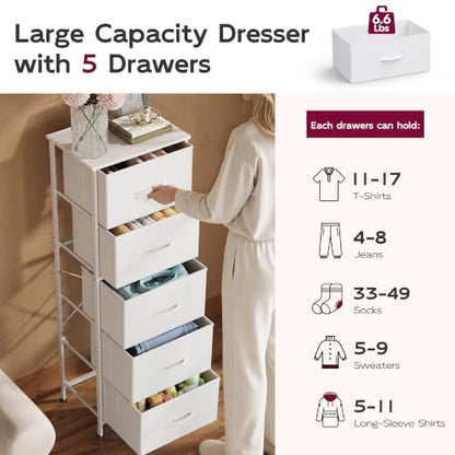 Tall Dresser for Bedroom, 5 Drawer Dresser, White, 5 vertical fabric drawers, view 7