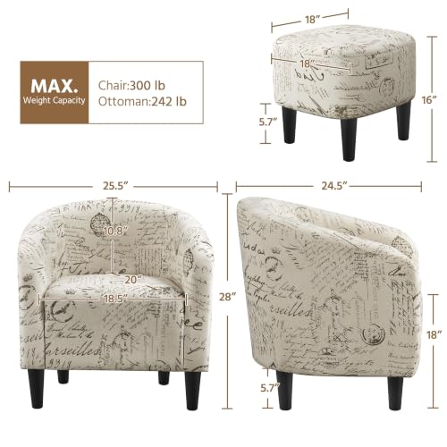 Yaheetech Accent Chair with Foot Rest, Mid Century Modern Upholstered Soft Barrel Chair, Comfy Fabric Armchair and Footrest Set for Living Room/Bedroom/Reading Room, Set of 2 Letter Print