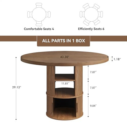 43" Round Dining Table with Storage Shelf, Farmhouse Modern Kitchen Table for 4-6, Circular Wood Dining Room Table for Small Spaces, Space Saving Pedestal Table for Apartment & Breakfast Nook, Walnut