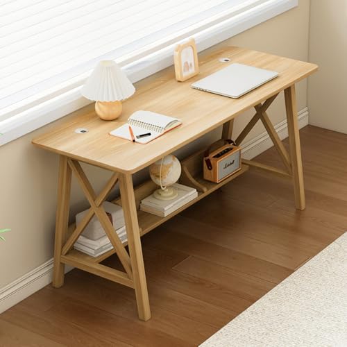 NELYE Extra Long Writing Desk with Bookshelf, 47" Wx16 Dx30 H, Oak, view 2