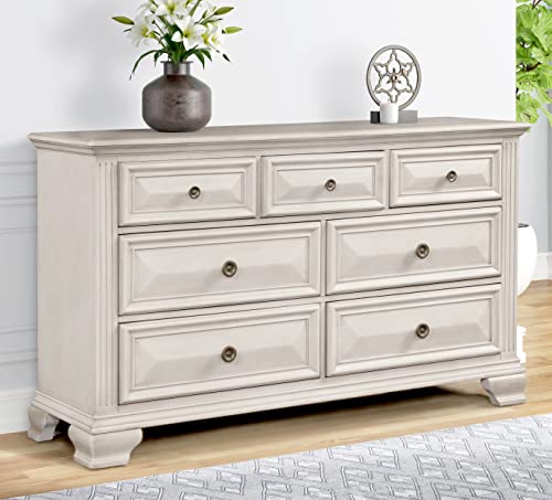 Renova Distressed Parchment Wood Bedroom Set, Panel Bed, Dresser, Mirror, Nightstand, King