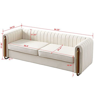 Chesterfield Velvet Sofa Upholstered Couch with Removable Cushions and Gold Metal Legs, for Living Room Office Apartment (Beige)