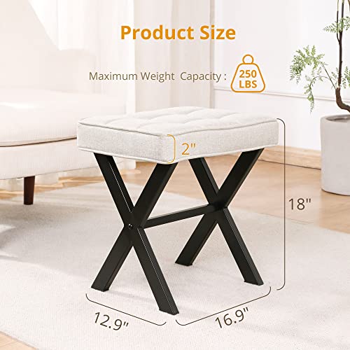 Ottoman Foot Stool Vanity Stool, Square Linen X-Leg Foot Rest Ottoman Makeup Stool, Small Stool Chair for Vanity, Modern Padded Vanity Seat for Makeup Room, Living Room, Bathroom, Linen Color