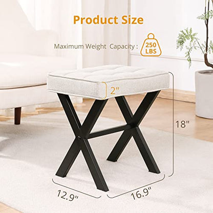 Ottoman Foot Stool Vanity Stool, Square Linen X-Leg Foot Rest Ottoman Makeup Stool, Small Stool Chair for Vanity, Modern Padded Vanity Seat for Makeup Room, Living Room, Bathroom, Linen Color
