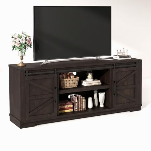 Farmhouse TV Stand, 66'' Wide Media Console with Barn Doors, Brown, view 2