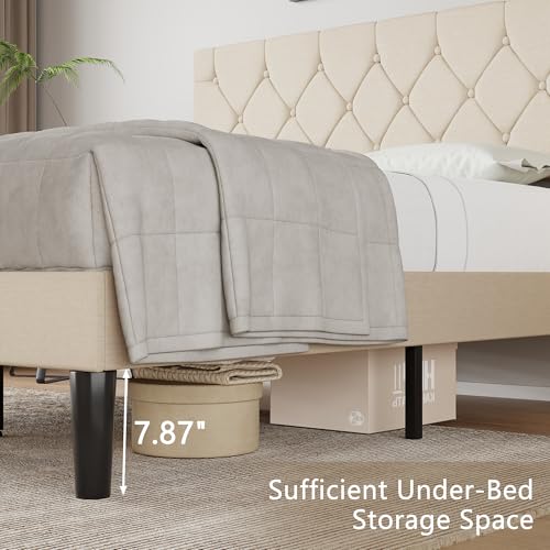 Queen Bed Frame with Upholstered Tufted Headboard, Beige, view 7