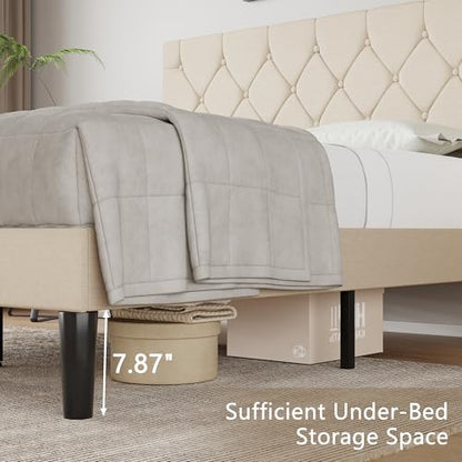 Queen Bed Frame with Upholstered Tufted Headboard, Beige, view 7