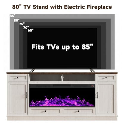 80" Farmhouse TV Stand with 47" Fireplace for up to 98" TV, White, view 4