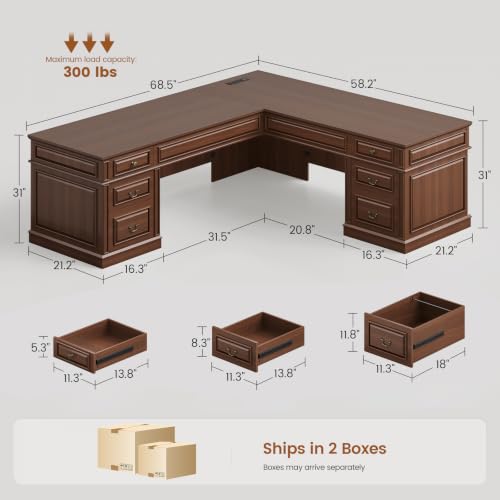 68.5" L Shaped Executive Desk with 6 Drawers & Charging Station, view 3