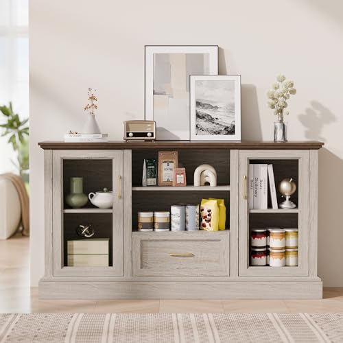 Beige Farmhouse TV Stand with Storage Cabinets and Glass Doors, Entertainment Center for 75 Inch TV, Media Console Side Storage Cabinets for Living Room