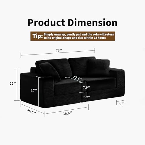 Modular Sectional Sofa, Modern Modular Sofa Couch with Deep Seat，Comfy Cloud Couch, Sectional Couches for Living Room, Bedroom and Apartment，2-Seater，Black