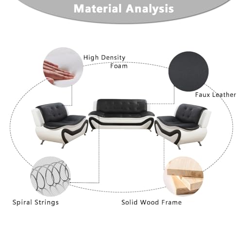 Leather Couches, Living Room Couch Set, Sofa for Bedroom, Apartment, Living Room Furniture Sets a-Leather (Black&White, Sofa+Loveseat+Chair)