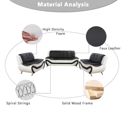 Leather Couches, Living Room Couch Set, Sofa for Bedroom, Apartment, Living Room Furniture Sets a-Leather (Black&White, Sofa+Loveseat+Chair)