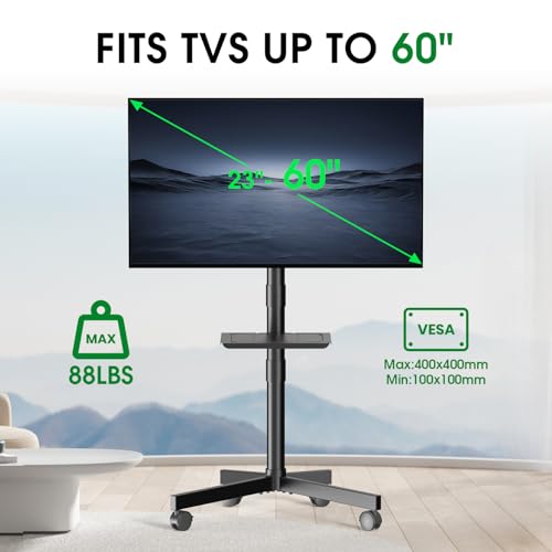 Mobile TV Cart Rolling TV Stand for 23-60 Inch LCD LED Flat Curved Screens up to 88 lbs, Height Adjustable Portable TV Stand on Wheels with Shelf, Outdoor TV Stand Mount, Max VESA 400x400mm, Black