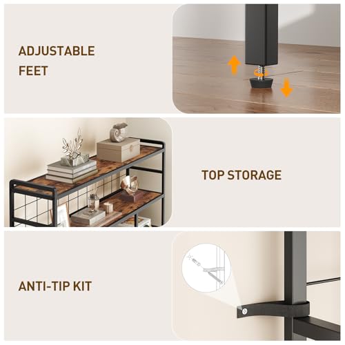 Triple 5-Tier Bookshelf, Industrial Large Bookcase with 14 Open Display Shelves, Modern Tree Bookcase with Metal Frame and Hanging Function for Living Room, Home Office, Rustic Brown and Black