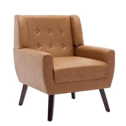 Faux Leather Accent Chairs Set of 4, Modern Arm Club Chair Upholstered Armchair for Living Room, Comfy Single Sofa Seats Button Tufted Reading Seating, Brown