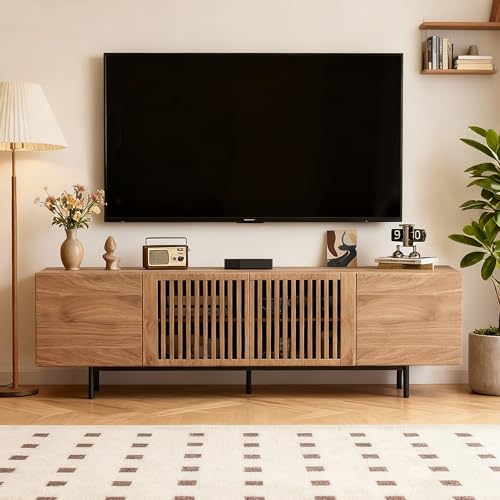 71" Mid-Century TV Stand 4 Cabinets Walnut Media Console, view 4